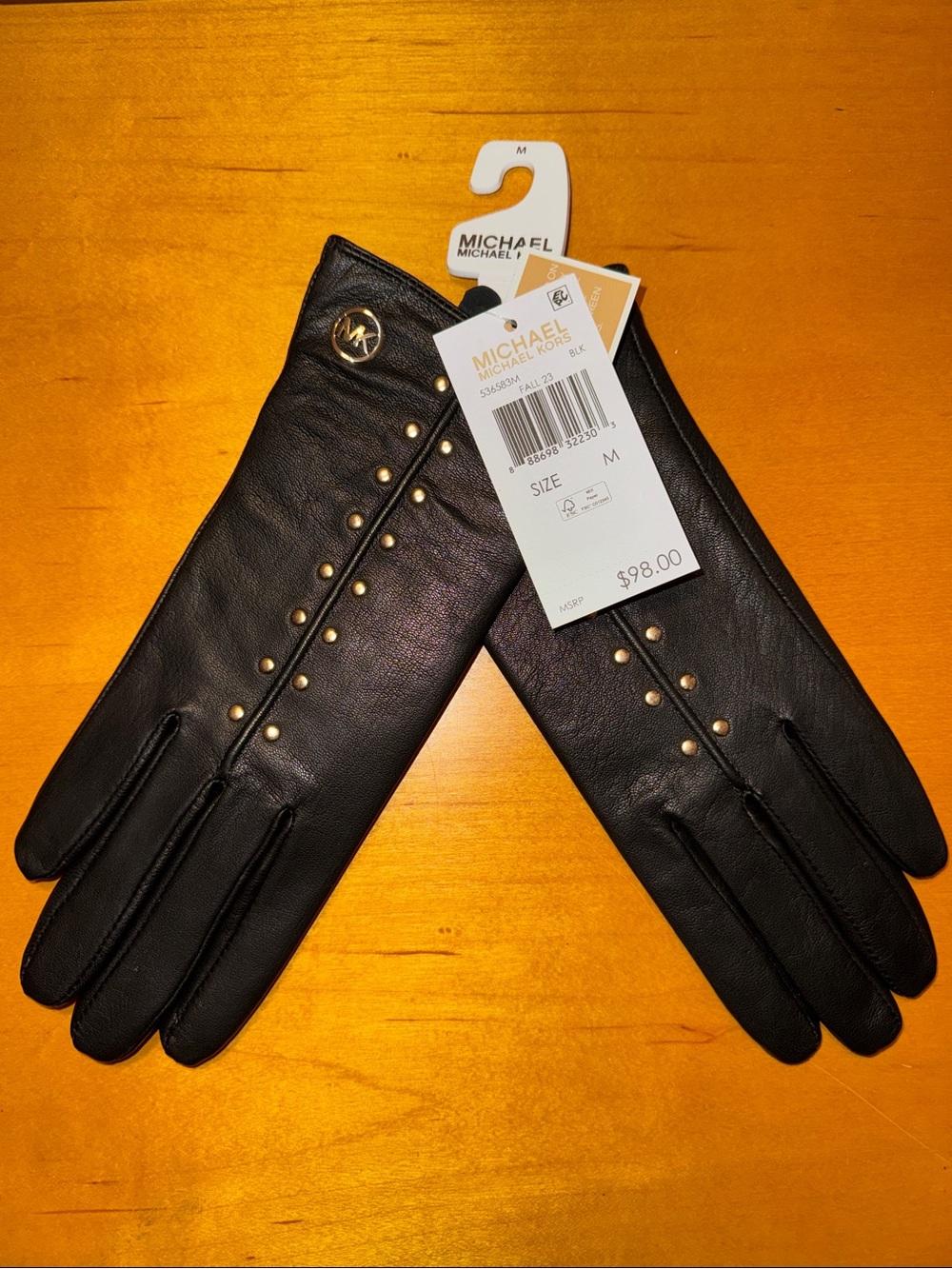 MICHAEL Michael Kors Black Leather Gloves with Gold Studs